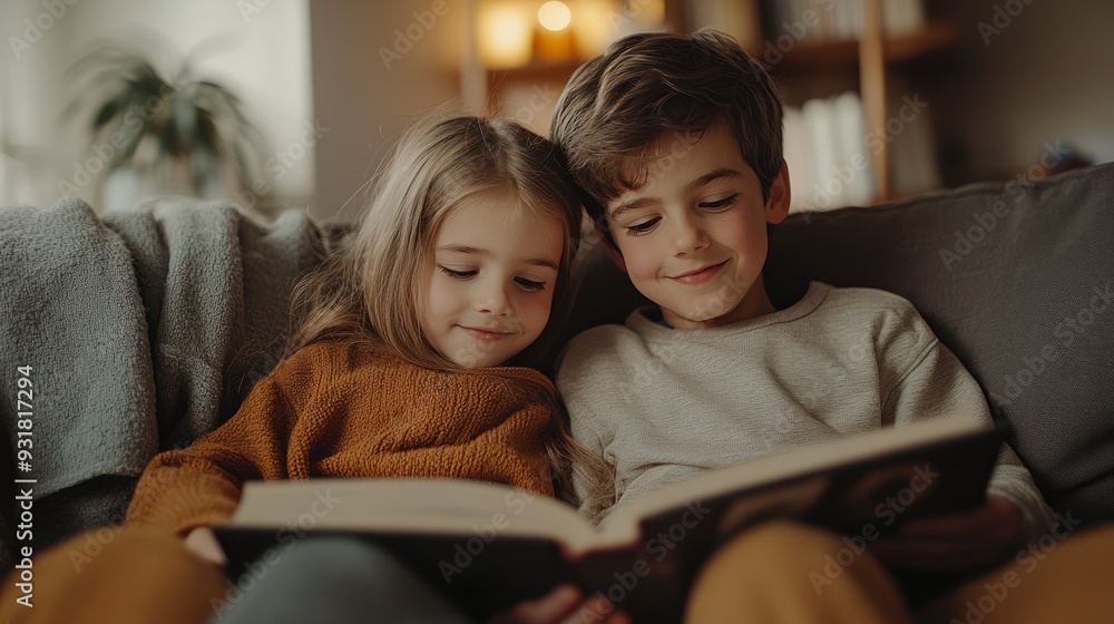 A heartwarming shot of siblings reading a book together, cuddling on a couch. A heartwarming shot of siblings reading a book together, cuddling on a couch.