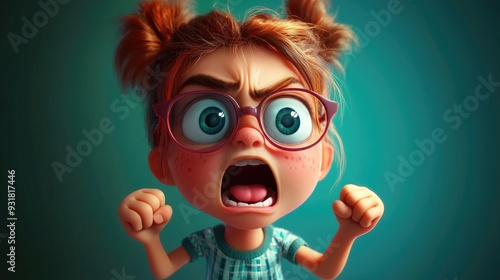 Excited young cartoon character with wide eyes and clenched fists shouting loudly photo