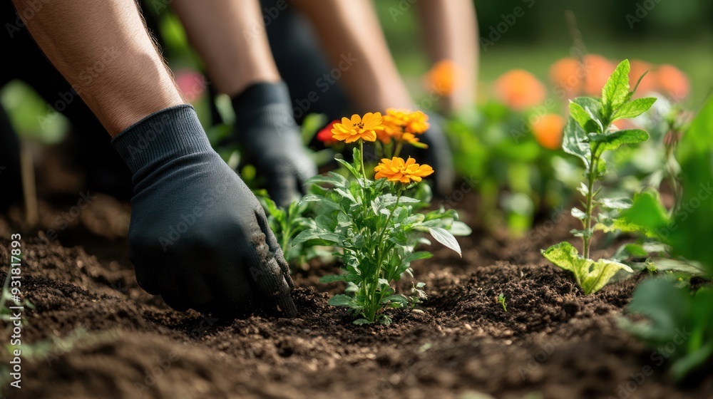 A family working together to plant flowers in their backyard garden. A family working together to plant flowers in their backyard garden.
