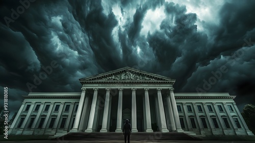 A person standing in front of a massive, intimidating courthouse, dark, stormy clouds overhead, dramatic, high-contrast lighting, architectural details emphasizing grandeur and oppression, mood of photo