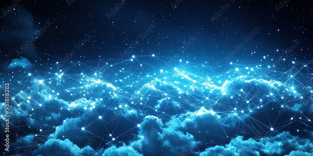 Futuristic Night Sky with Digital Cloud Network Futuristic Night Sky with Digital Cloud Network