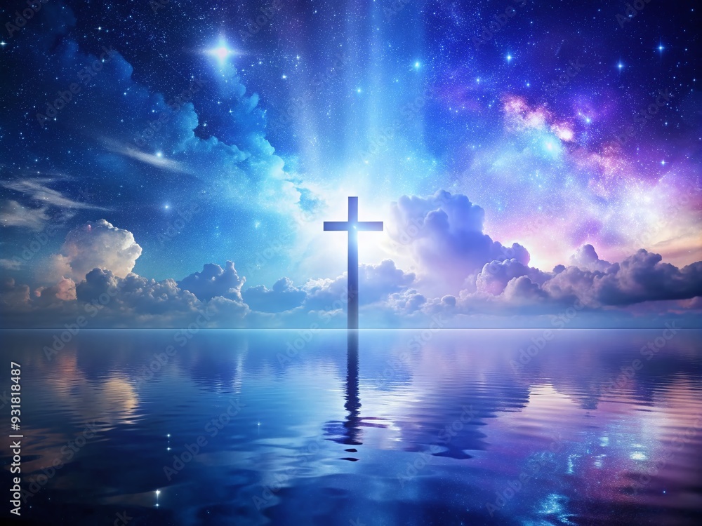 Naklejka premium Celestial Serenity: Peaceful, ethereal, blue and purple hues, cross as a beacon of calm.