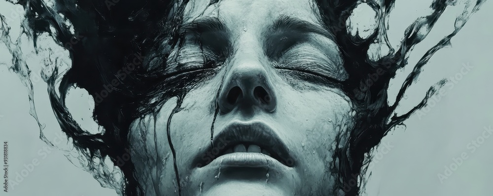 A surreal depiction of a woman's face submerged in liquid, giving a haunting and ethereal atmosphere to the scene. A surreal depiction of a woman's face submerged in liquid, giving a haunting and ethereal atmosphere to the scene.