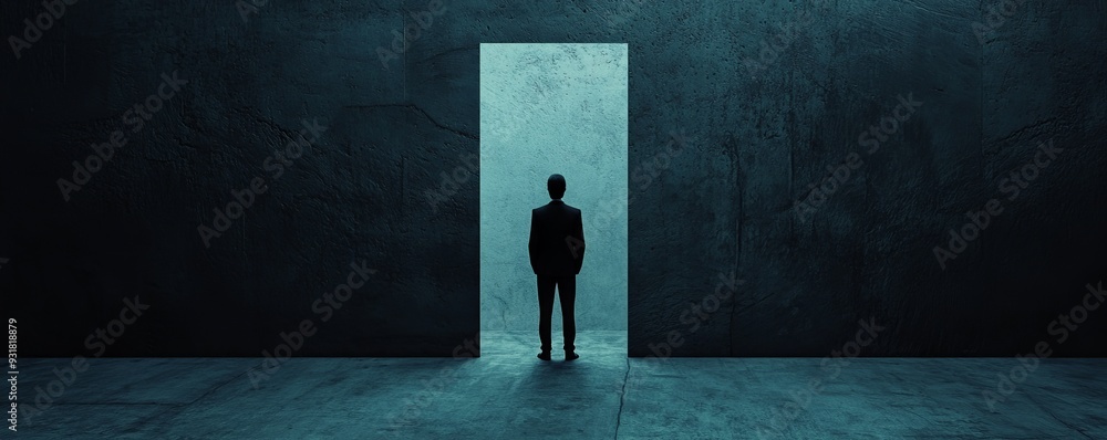 A silhouette of a businessman standing at an open door, symbolizing opportunity and new beginnings in a dark setting. A silhouette of a businessman standing at an open door, symbolizing opportunity and new beginnings in a dark setting.