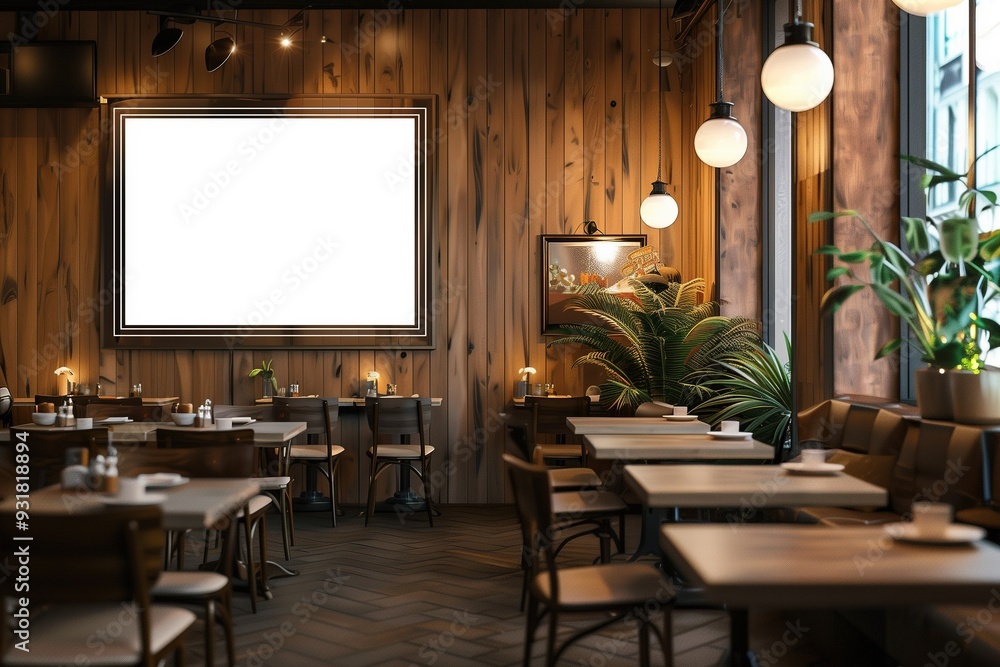 Empty restaurant interior with wooden walls, tables, chairs, and a large blank canvas hanging on the wall. Empty restaurant interior with wooden walls, tables, chairs, and a large blank canvas hanging on the wall.