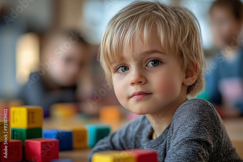 Young children engaged in developing logic skills with colorful cubes during a creative play session
