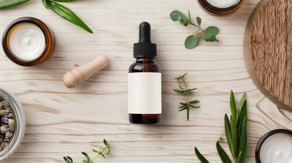 Natural Skincare Products on Wooden Background with Essential Oils and Greenery for Organic Beauty Routine Natural Skincare Products on Wooden Background with Essential Oils and Greenery for Organic Beauty Routine