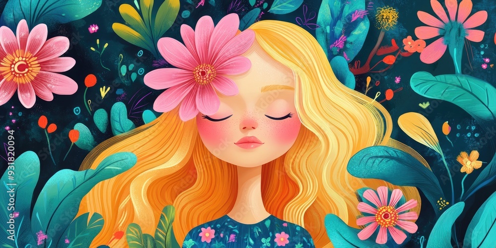 Cheerful blonde character with closed eyes adorned with a pink flower in a vibrant garden scene Cheerful blonde character with closed eyes adorned with a pink flower in a vibrant garden scene