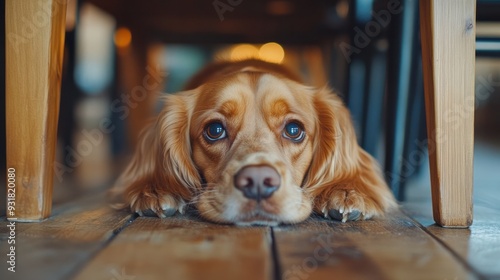 A family dog sitting patiently under the table, waiting for breakfast scraps.