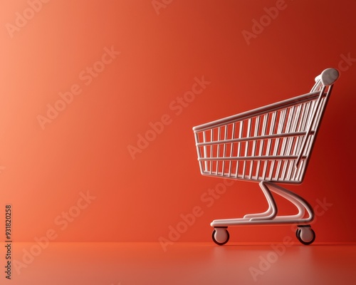 A minimalist shopping cart against a vibrant orange wall, symbolizing retail, shopping, and consumerism in a modern setting.