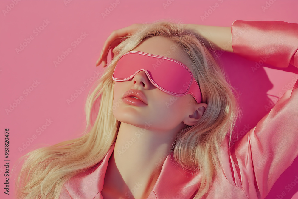 A tranquil moment with a blindfolded figure in pink, embodying relaxation and serenity A tranquil moment with a blindfolded figure in pink, embodying relaxation and serenity