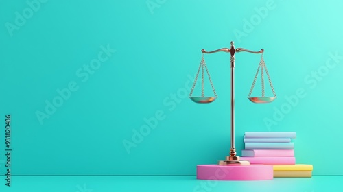 Wallpaper Mural A vibrant image featuring a balance scale and colorful books on a bright teal background, symbolizing justice and knowledge. Torontodigital.ca