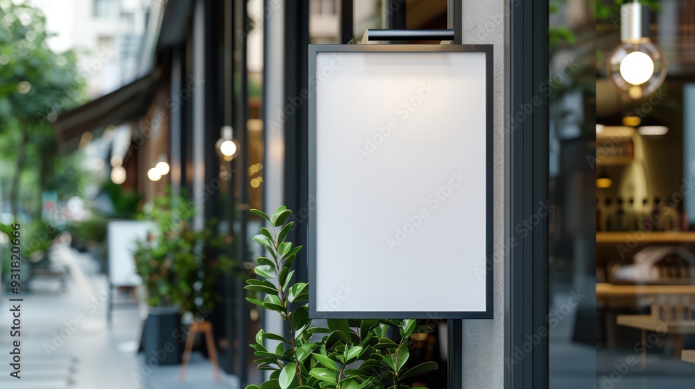 Blank Vertical Signboard Outside Modern Cafe on City Street with Green Plants and Glass Windows Blank Vertical Signboard Outside Modern Cafe on City Street with Green Plants and Glass Windows