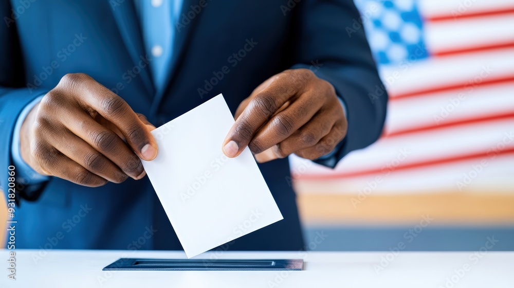 Close-up of a person in a suit casting a vote with a ballot in front of an American flag, symbolizing democracy and civic duty. Close-up of a person in a suit casting a vote with a ballot in front of an American flag, symbolizing democracy and civic duty.