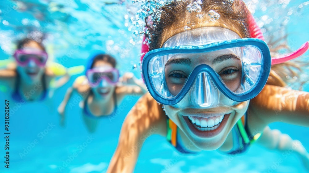 Fototapeta premium Group of friends enjoying underwater swimming with goggles, having fun and smiling in a clear blue pool. Summer vacation.