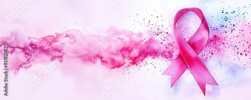 Pink ribbon ascending into the sky, symbol of rising above challenges, bright and uplifting, Watercolor style