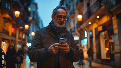 European latin middle age male entrepreneur businessman working on mobile cell phone Confident mature hispanic senior business man holding smartphone cellphone using app at busy street : Generative AI