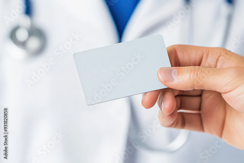 Hand holding blank health card with doctor's background. Symbolizes health care, insurance, medical services, and access to professional healthcare.