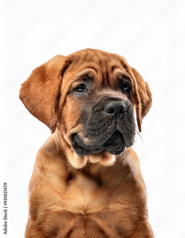 笑顔のマスティフの子犬のポートレート(Portrait of a smiling Mastiff puppy on white background)
笑顔のマスティフの子犬のポートレート(Portrait of a smiling Mastiff puppy on white background)