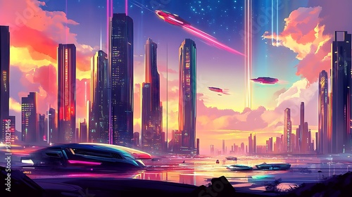 Futuristic Cityscape with Flying Vehicles and a Pink Sunset photo