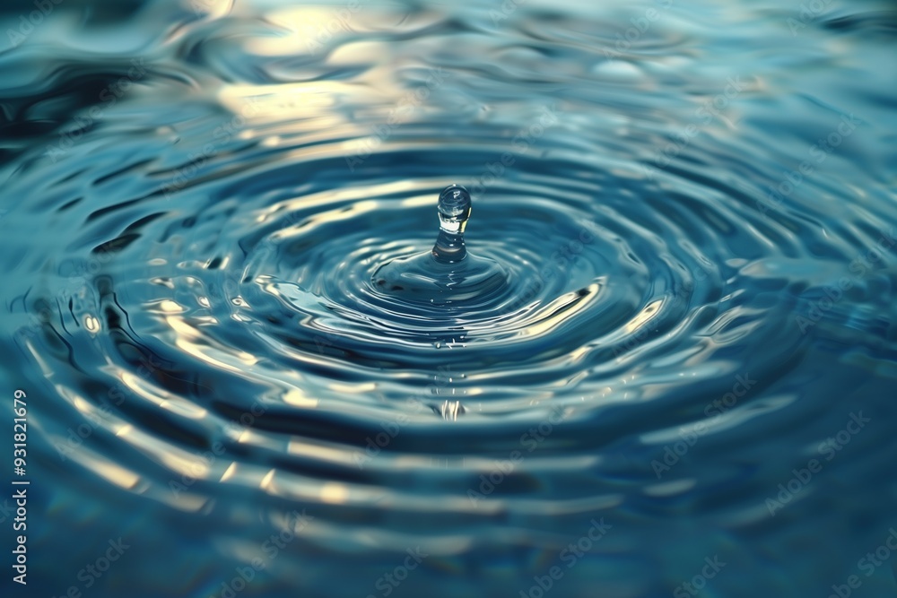 A single drop of water creates concentric ripples on the surface of a blue liquid.