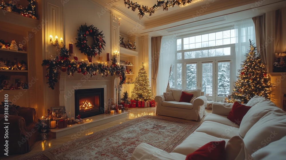 A cozy living room transformed into a winter wonderland with festive decor. A cozy living room transformed into a winter wonderland with festive decor.