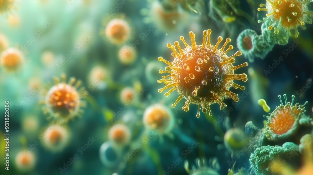 Close-up visualization of viral particles triggering an immune response in human cells Close-up visualization of viral particles triggering an immune response in human cells