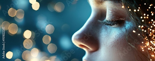 A serene close-up of a woman's face with closed eyes, adorned with sparkling lights creating a magical atmosphere.