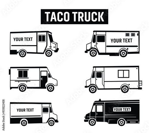 Taco Truck Illustration Vector Collection Set, Eye-Catching Taco Truck Vector Illustration for Themed Parties, Food Blogs, and Merchandising Isolated Outline Icon Set.