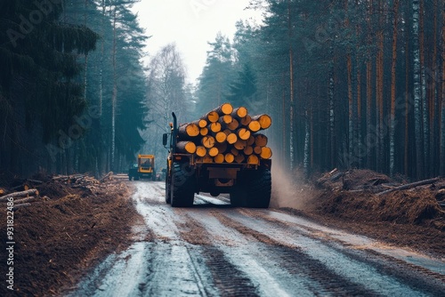 Transporting raw timber with wheeled machinery for harvesting in woodland regions. Idea: timber gathering, commercial removal, machinery transportation, forest logging operations photo