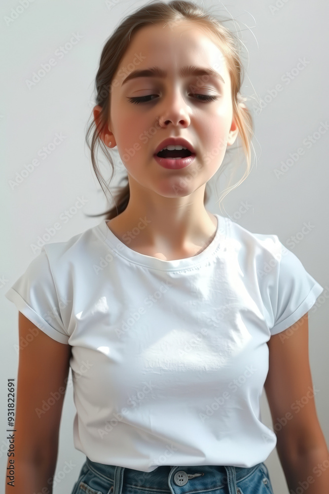 Young Woman in White T-Shirt with Open Mouth Young Woman in White T-Shirt with Open Mouth