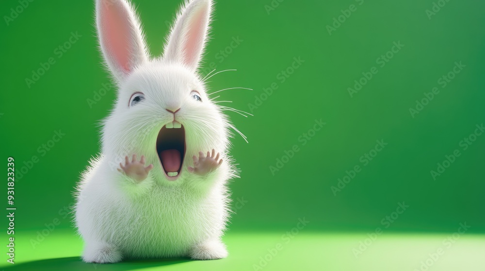 Portrait of cute and adorable white rabbit expression screaming on bright green background 3 dimension Portrait of cute and adorable white rabbit expression screaming on bright green background 3 dimension