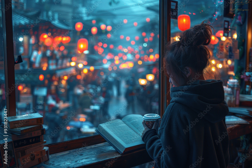 Obraz premium Cozy reader with a warm drink in a cafe