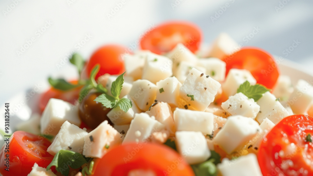 Close-up of a salad with fresh mozzarella, tomatoes, and herbs Close-up of a salad with fresh mozzarella, tomatoes, and herbs