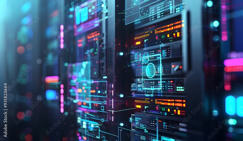 A close up of an open data center server rack with glowing holographic logos and symbols representing blockchain technology, symbolizing the evolution from traditional security to advanced cyber A close up of an open data center server rack with glowing holographic logos and symbols representing blockchain technology, symbolizing the evolution from traditional security to advanced cyber