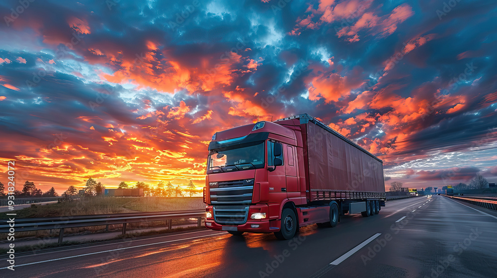 Truck racing into the sunset highway Truck racing into the sunset highway