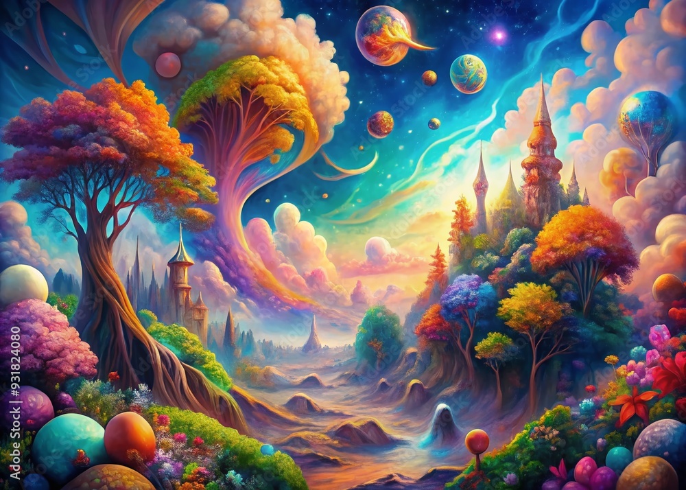 Obraz premium Dreamy Surrealism: A whimsical and ethereal mix with vibrant hues and abstract forms.