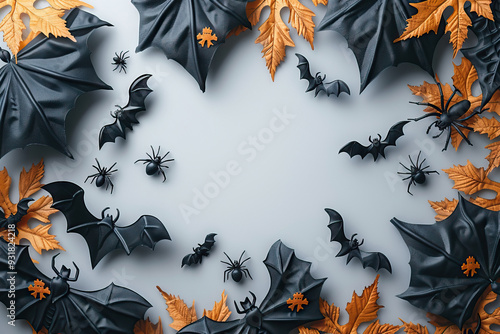 Elegant Halloween flat lay with bats and spiders photo