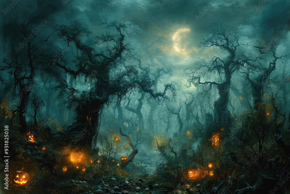 Glowing jack-o'-lanterns in dark woods Glowing jack-o'-lanterns in dark woods