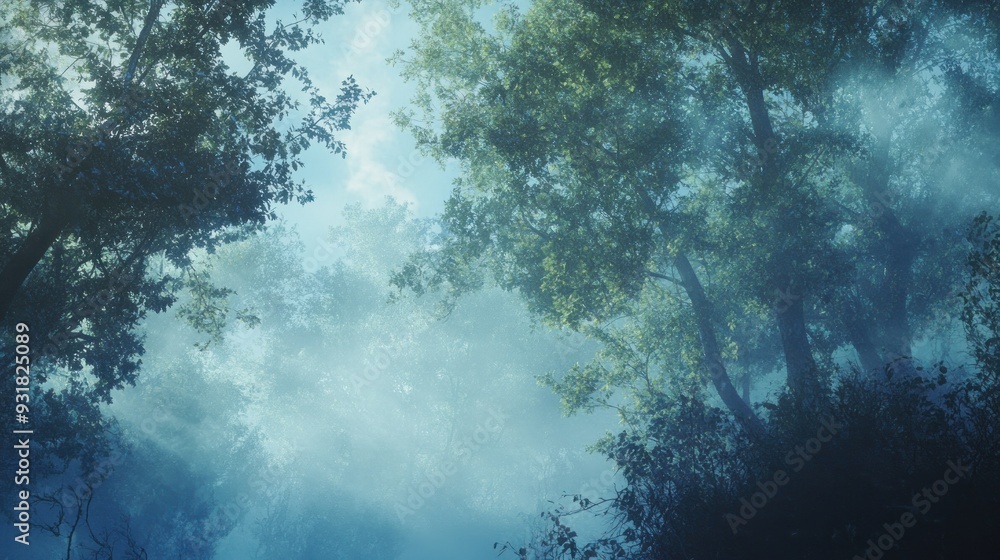 Obraz premium Misty Forest Canopy with Sunlight Filtering Through Leaves
