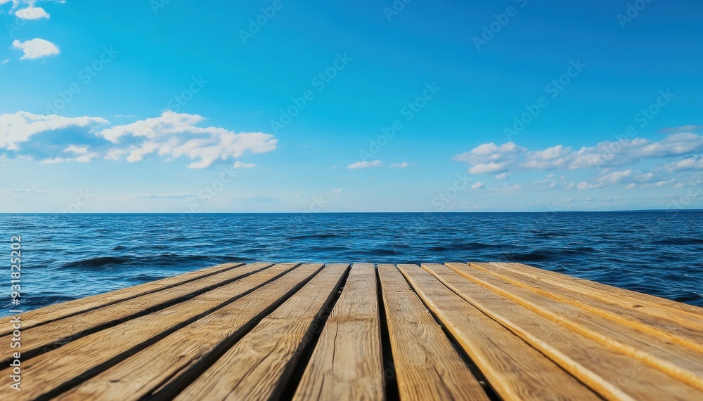 Fototapeta premium A serene wooden pier extending over calm waters under a clear blue sky, perfect for relaxation and nature photography.