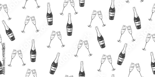 Sketch style seamless pattern with champagne bottle and champagne flutes. Black and white background with clinking glasses. Celebratory toast