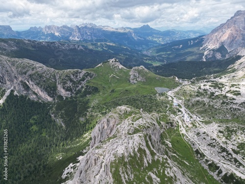 Sass de Stria Lagazuoi Mountain Aerial view of the Dolomites mountain landscape in Trentino, South Tyrol in Northern Italy. photo