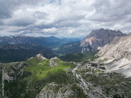 Lagazuoi Mountain Aerial view of the Dolomites mountain landscape in Trentino, South Tyrol in Northern Italy. photo