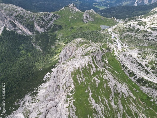 Sass de Stria Lagazuoi Mountain Aerial view of the Dolomites mountain landscape in Trentino, South Tyrol in Northern Italy. photo