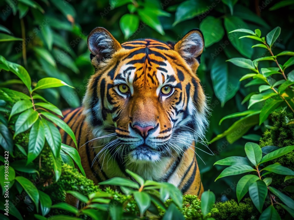 Emerald Forest Hideout: Tiger blending into a lush, overgrown jungle, showcasing its camouflage abilities Emerald Forest Hideout: Tiger blending into a lush, overgrown jungle, showcasing its camouflage abilities