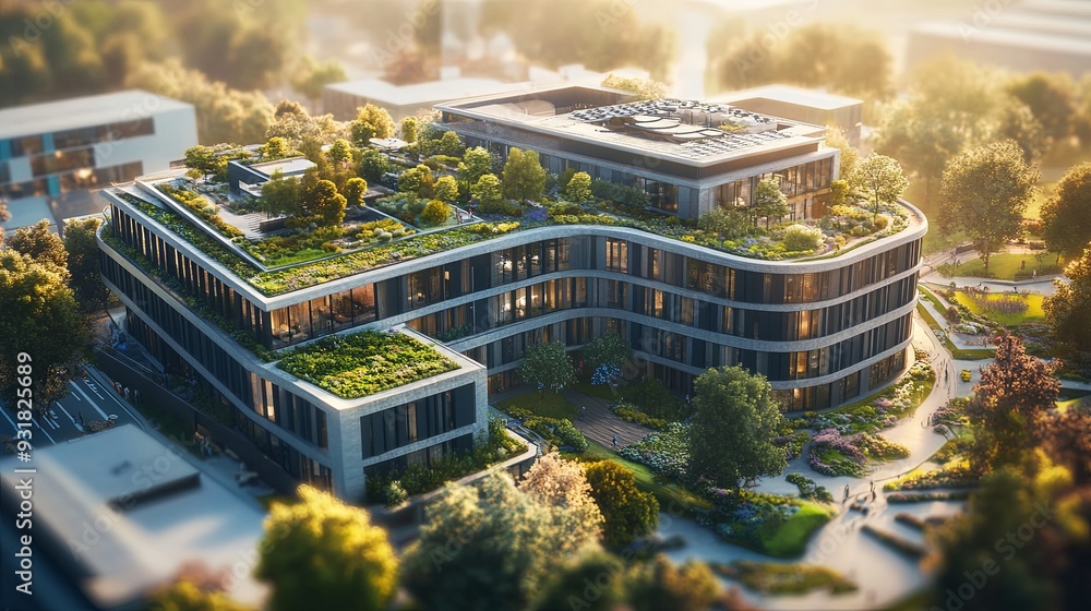 Fototapeta premium Illustration of a sophisticated modern hotel with green rooftops and state-of-the-art energy solutions; high detail and professional quality with emphasis on light and shadows