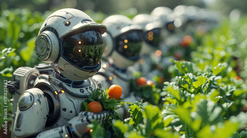 Robots harvest vegetables in a vibrant green field Robots harvest vegetables in a vibrant green field
