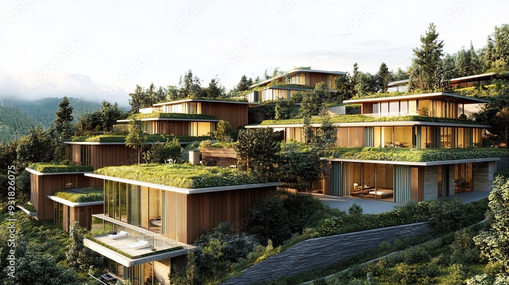 Obraz premium Architectural visualization of a contemporary green hotel with living rooftops, high-tech insulation, and energy-efficient features; detailed, clear focus with balanced lighting