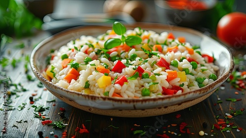 Appetizing risotto with vegetables, Italian food